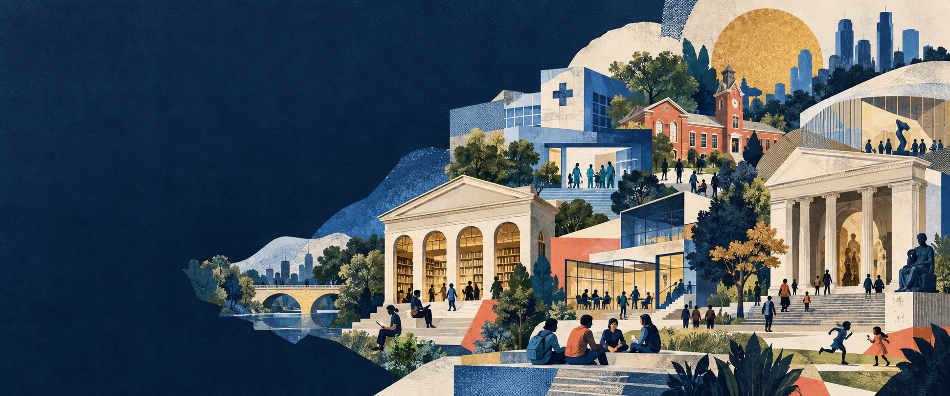 Illustrated collage of schools, libraries, hospitals, parks and cultural institutions
